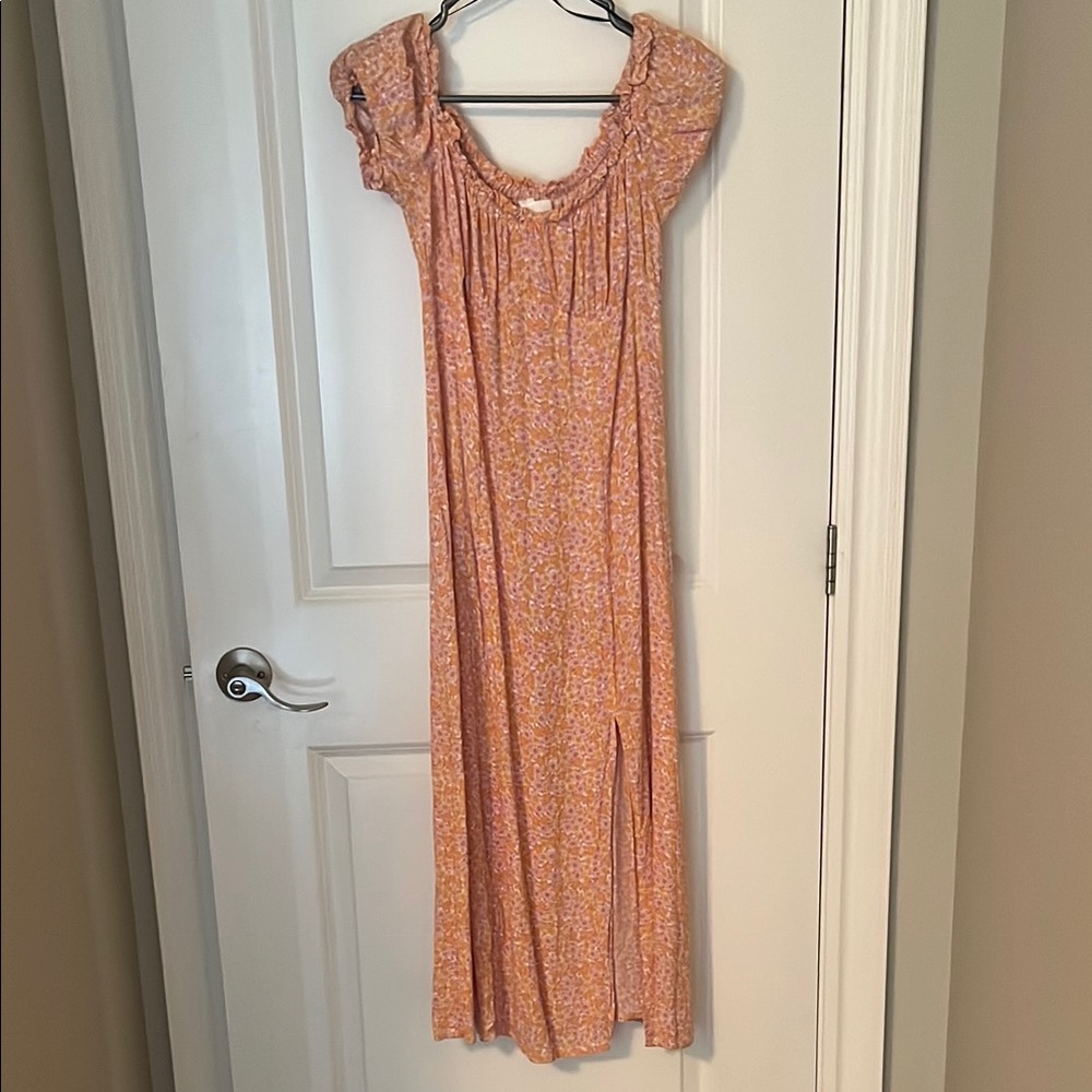 H&M Orange Pleated Maxi Skirt with Slit